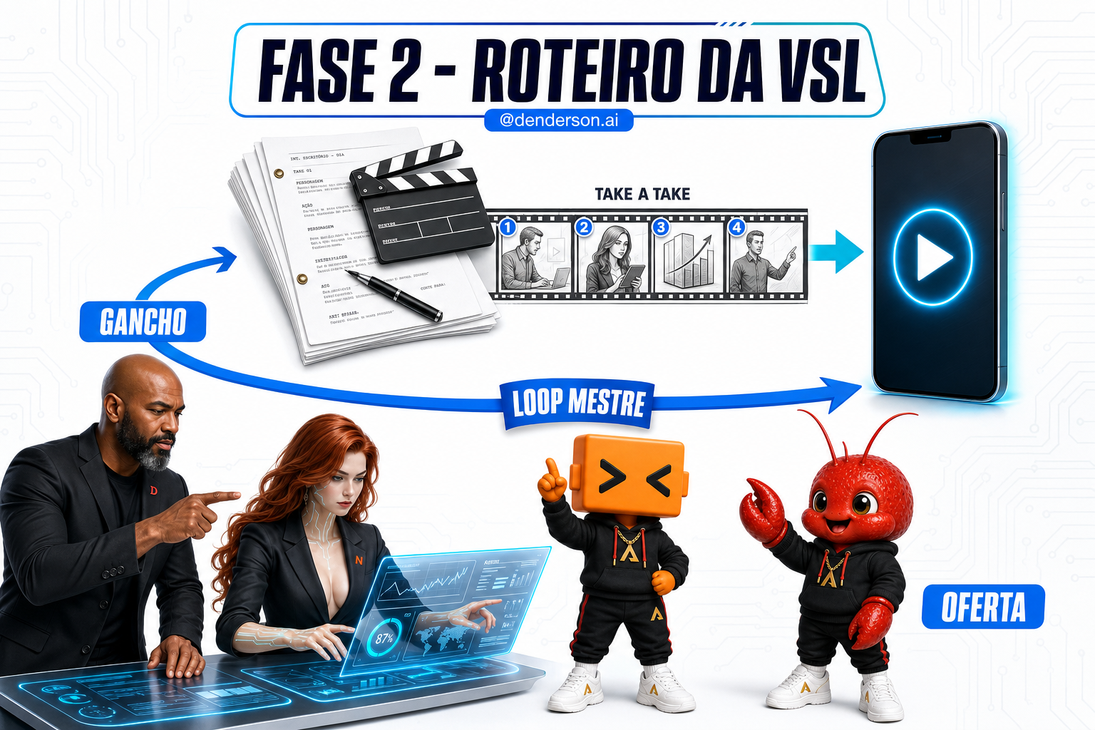 Infográfico da Fase 2: o roteiro da VSL escrito antes de gravar — o vídeo quebrado em takes de 30 segundos, cada take com título, contexto, função e emoção, e o loop mestre que segura o tráfego frio até a oferta.
