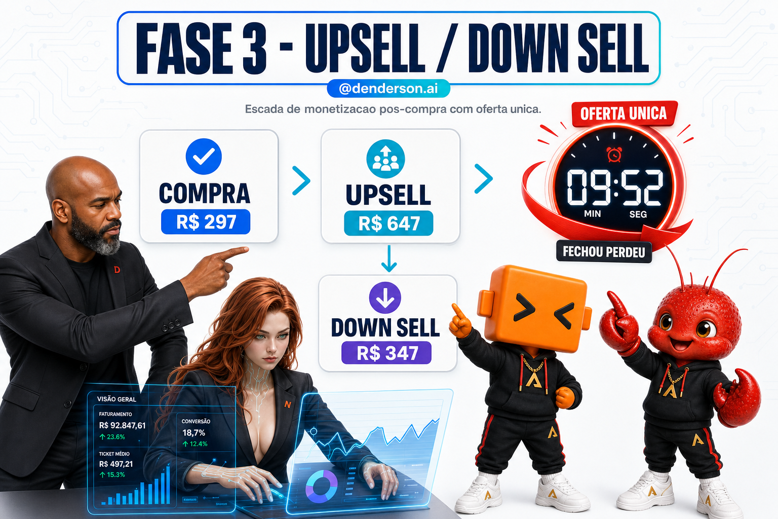 Infográfico da Fase 4: a escada de monetização pós-compra — Upsell 1 com cashback, Down Sell pra quem recusa, e Upsell 2 numa reunião sem preço na página.