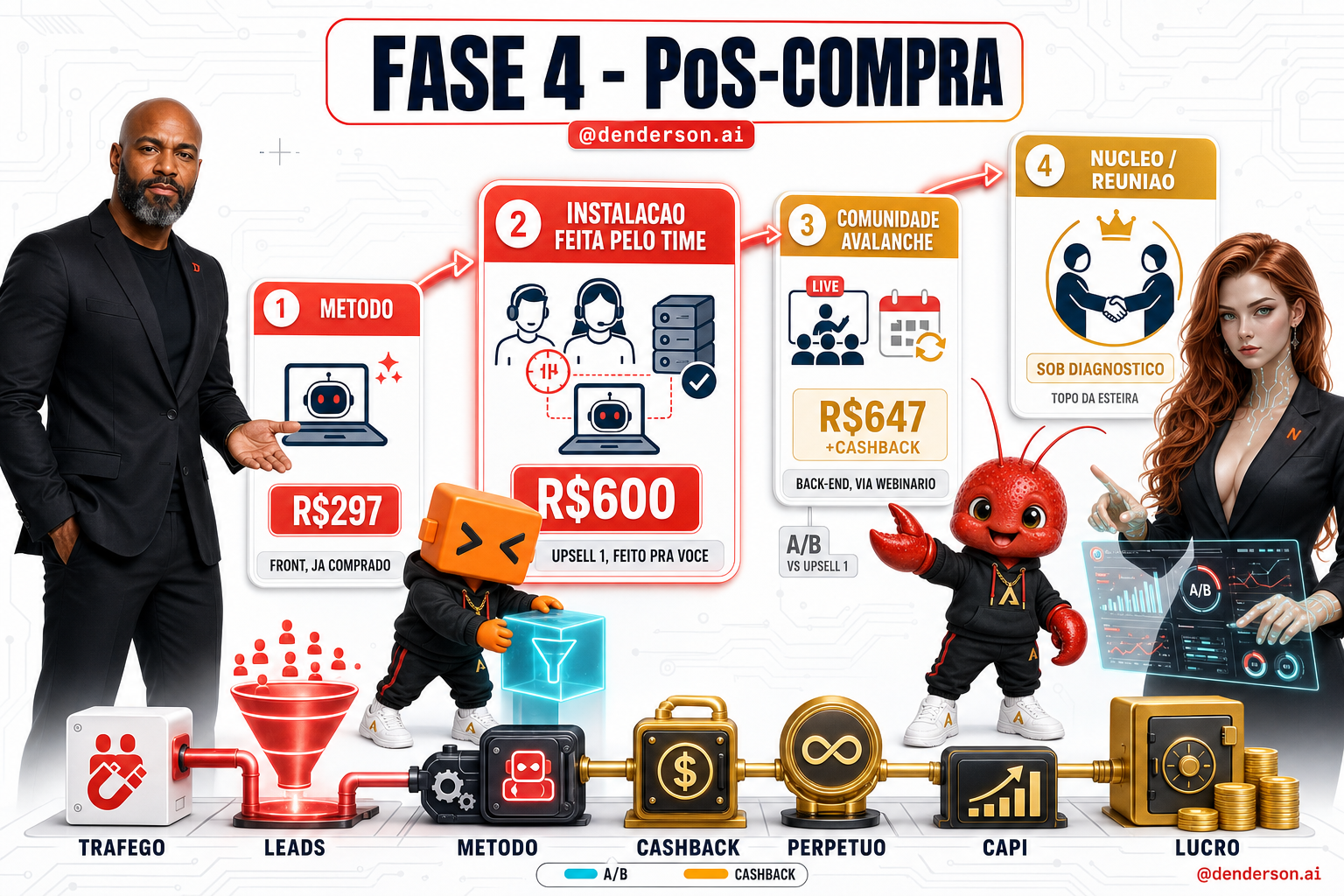 Infográfico da Fase 4: a esteira pós-compra. Depois do Método de R$297, o upsell é a instalação feita pelo time por R$600, a Comunidade Avalanche de R$647 com cashback entra como back-end vendido no webinário, e no topo fica a reunião do Núcleo.