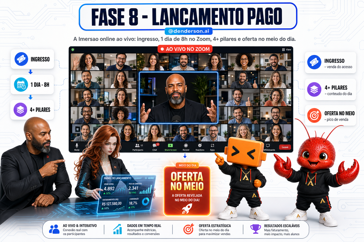 Infográfico da Fase 8: o lançamento pago — venda do ingresso como filtro de comprometimento, abertura com alinhamento, os pilares de conteúdo do básico ao avançado, a oferta de alto valor no meio do dia no pico do valor percebido, e o fechamento sem pressa com microfone aberto.